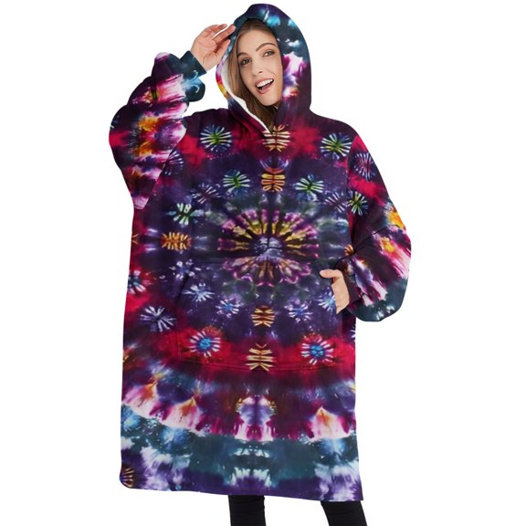 Oversized Wearable Blanket Hoodie,Colorful Tie Dye Pattern Sherpa Blanket Hoodie with Super Pockets,Super Warm Fuzzy Pullover for Women & Men