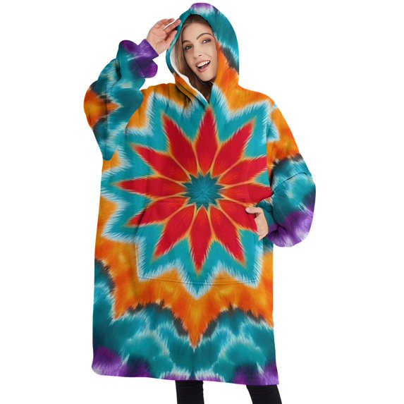 Oversized Wearable Blanket Hoodie,Colorful Tie Dye Starflower Pattern Sherpa Blanket Hoodie with Super Pockets,Super Warm Fuzzy Pullover for Women & Men