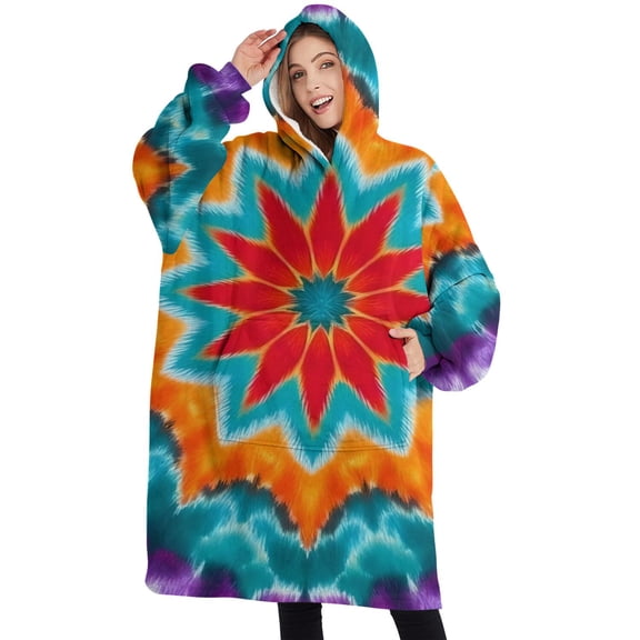 Oversized Wearable Blanket Hoodie,Colorful Tie Dye Starflower Pattern Sherpa Blanket Hoodie with Super Pockets,Super Warm Fuzzy Pullover for Women & Men