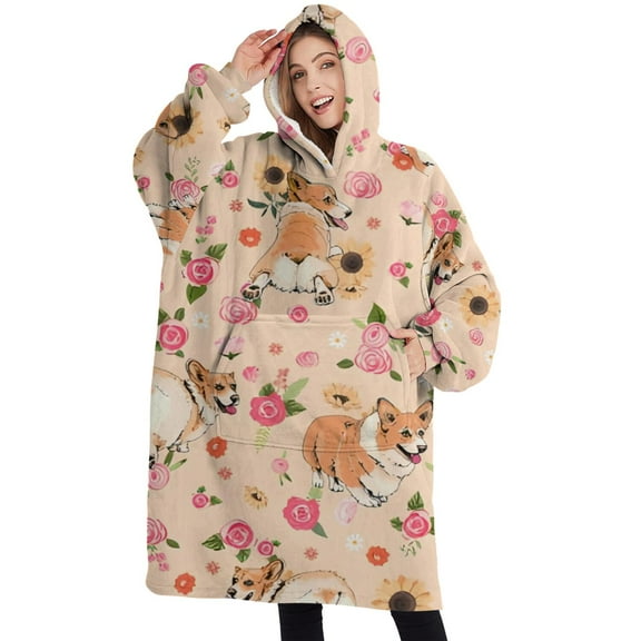 Oversized Wearable Blanket Hoodie,Corgi Dog and Flower Florals Sherpa Blanket Hoodie with Super Pockets,Super Warm Fuzzy Pullover for Women & Men