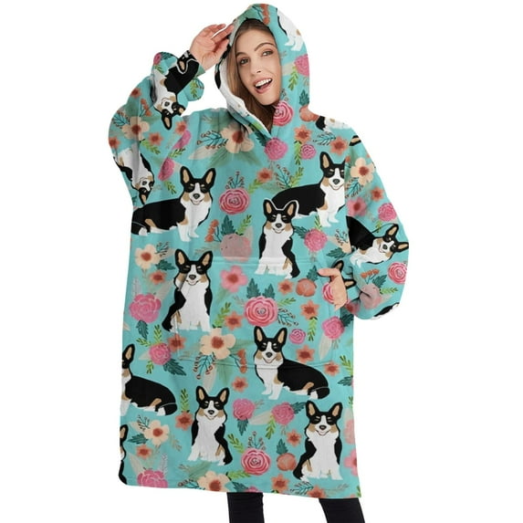 Oversized Wearable Blanket Hoodie,Corgi Dog and Flowers Sherpa Blanket Hoodie with Super Pockets,Super Warm Fuzzy Pullover for Women & Men