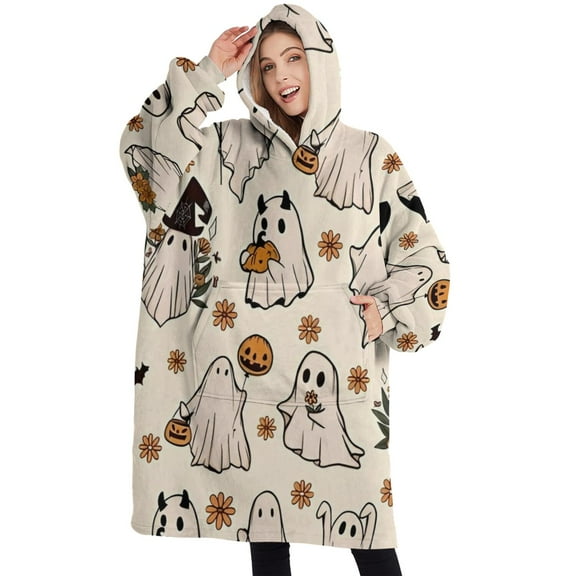 Oversized Wearable Blanket Hoodie,Costumed Ghost Halloween Pattern Sherpa Blanket Hoodie with Super Pockets,Super Warm Fuzzy Pullover for Women & Men