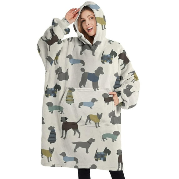 Oversized Wearable Blanket Hoodie,Cute Animal Dogs Sherpa Blanket Hoodie with Super Pockets,Super Warm Fuzzy Pullover for Women & Men