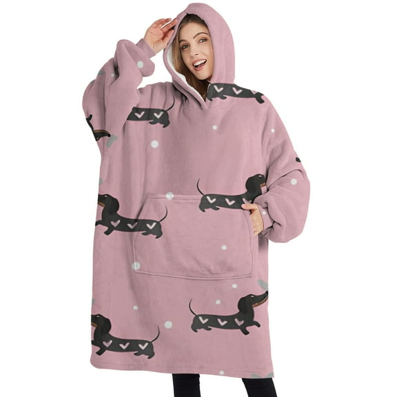 Oversized Wearable Blanket Hoodie,Cute Cartoon Dachshund Sherpa Blanket Hoodie with Super Pockets,Super Warm Fuzzy Pullover for Women & Men