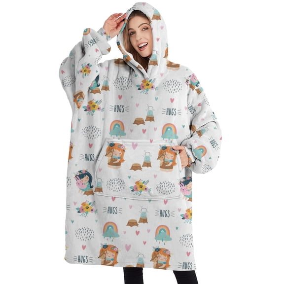 Oversized Wearable Blanket Hoodie,Cute Fairy Princess Pattern Sherpa Blanket Hoodie with Super Pockets,Super Warm Fuzzy Pullover for Women & Men