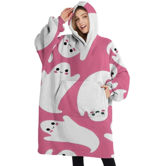 Oversized Wearable Blanket Hoodie,Cute Ghost Halloween Pattern Sherpa Blanket Hoodie with Super Pockets,Super Warm Fuzzy Pullover for Women & Men