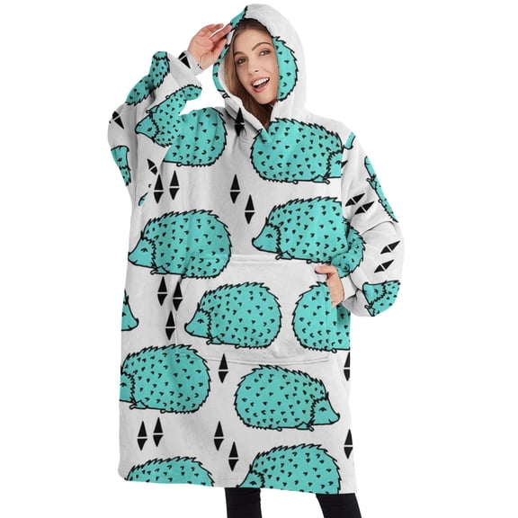 Oversized Wearable Blanket Hoodie,Cute Green Hedgehog Sherpa Blanket Hoodie with Super Pockets,Super Warm Fuzzy Pullover for Women & Men