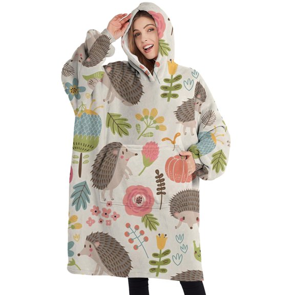 Oversized Wearable Blanket Hoodie,Cute Hedgehog Pattern with Pioneer Flower Sherpa Blanket Hoodie with Super Pockets,Super Warm Fuzzy Pullover for Women & Men