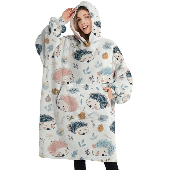 Oversized Wearable Blanket Hoodie,Cute Hedgehog Pattern Sherpa Blanket Hoodie with Super Pockets,Super Warm Fuzzy Pullover for Women & Men