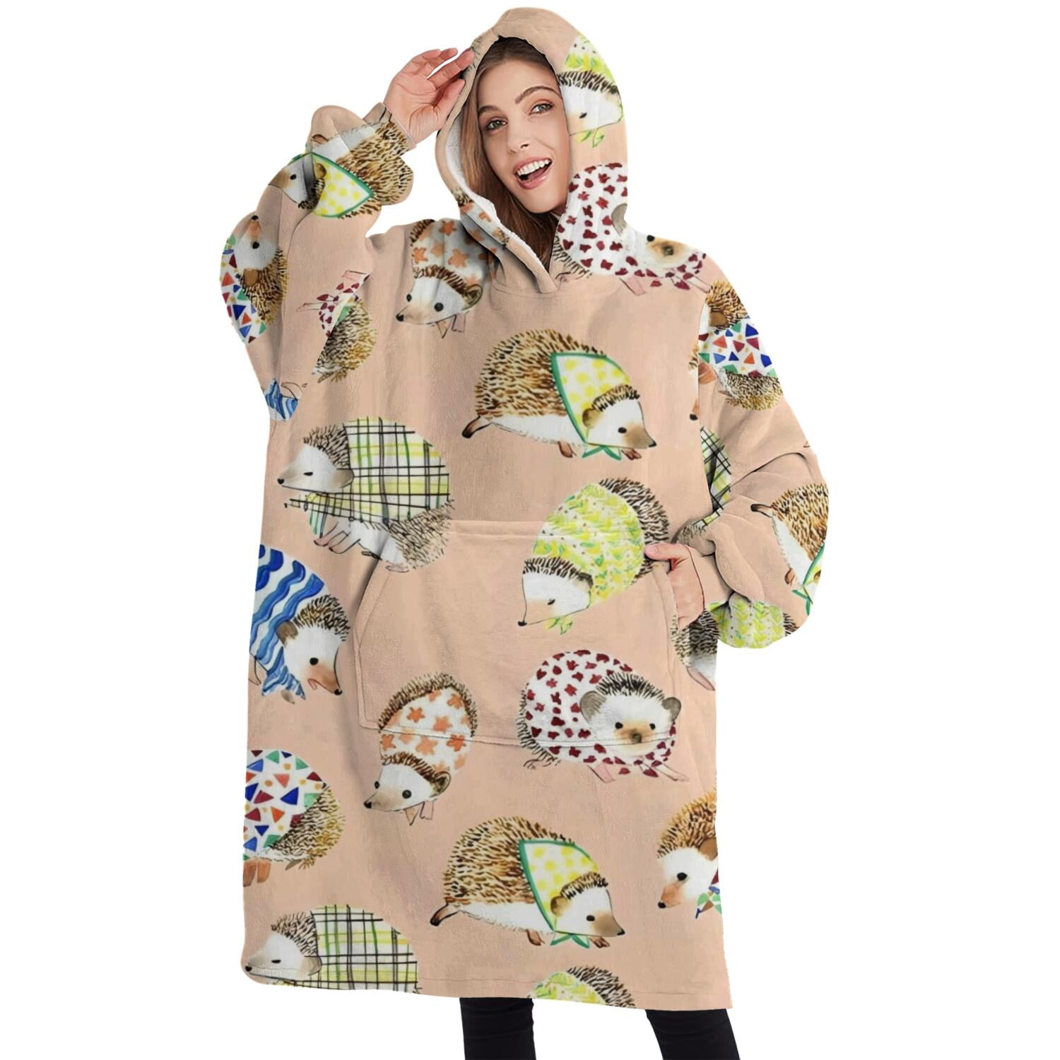 Oversized Wearable Blanket Hoodie,Cute Hedgehog Pattern Sherpa Blanket Hoodie with Super Pockets,Super Warm Fuzzy Pullover for Women & Men