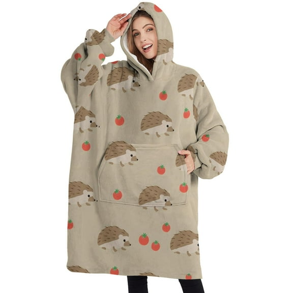 Oversized Wearable Blanket Hoodie,Cute Hedgehog Pattern Sherpa Blanket Hoodie with Super Pockets,Super Warm Fuzzy Pullover for Women & Men