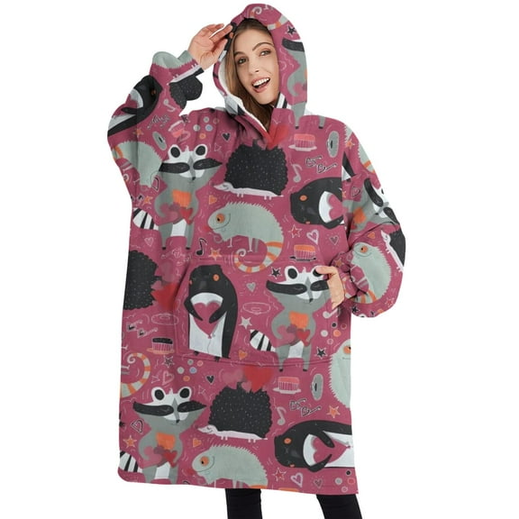 Oversized Wearable Blanket Hoodie,Cute Hedgehog and Animals Sherpa Blanket Hoodie with Super Pockets,Super Warm Fuzzy Pullover for Women & Men
