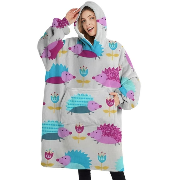 Oversized Wearable Blanket Hoodie,Cute Hedgehog and Flowers Sherpa Blanket Hoodie with Super Pockets,Super Warm Fuzzy Pullover for Women & Men