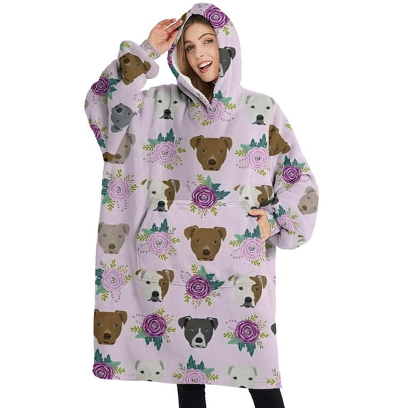 Oversized Wearable Blanket Hoodie,Cute Pitbull Terriers Dog and Flower Sherpa Blanket Hoodie with Super Pockets,Super Warm Fuzzy Pullover for Women & Men
