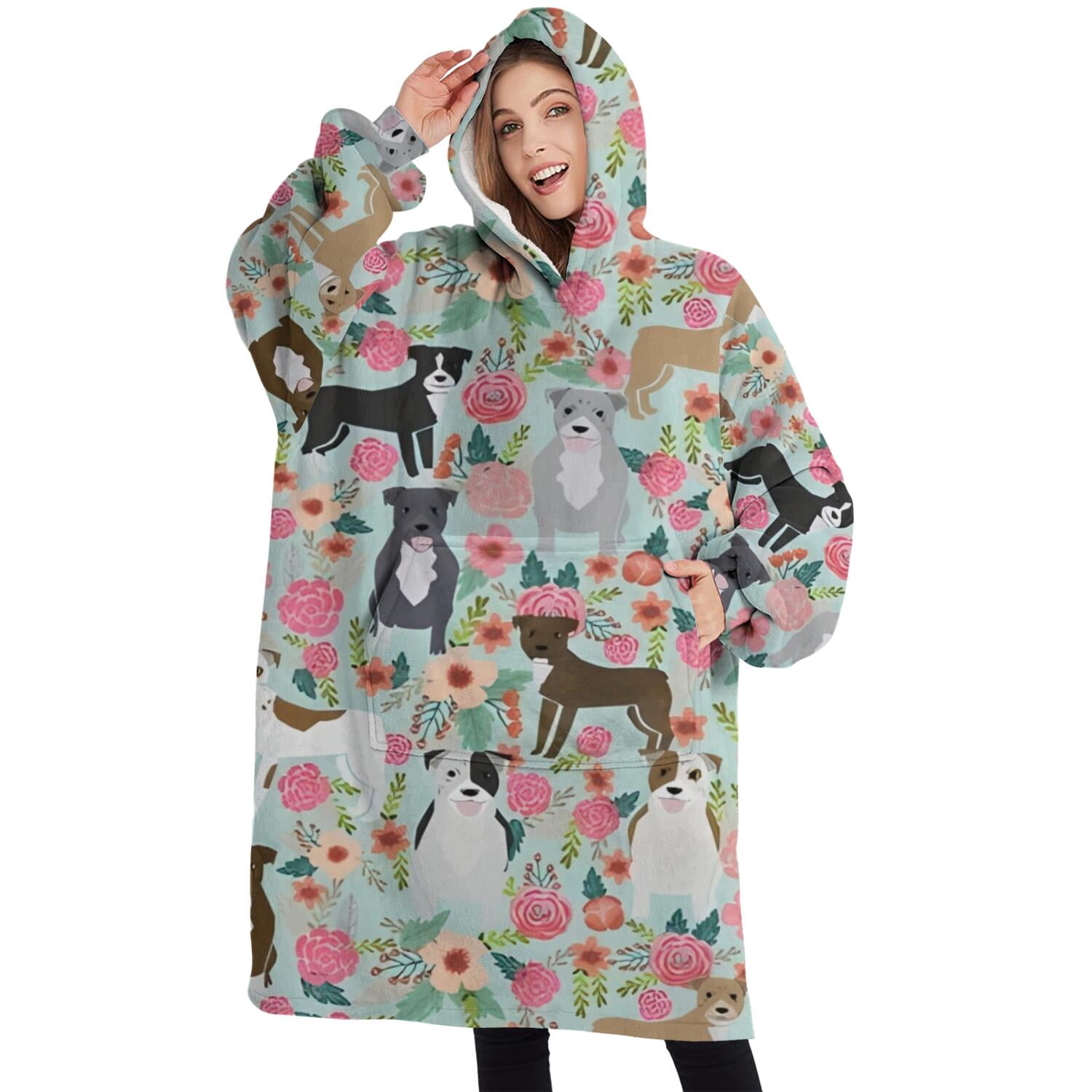 Oversized Wearable Blanket Hoodie,Cute Pitbull Terriers Dog and Flower Sherpa Blanket Hoodie with Super Pockets,Super Warm Fuzzy Pullover for Women & Men