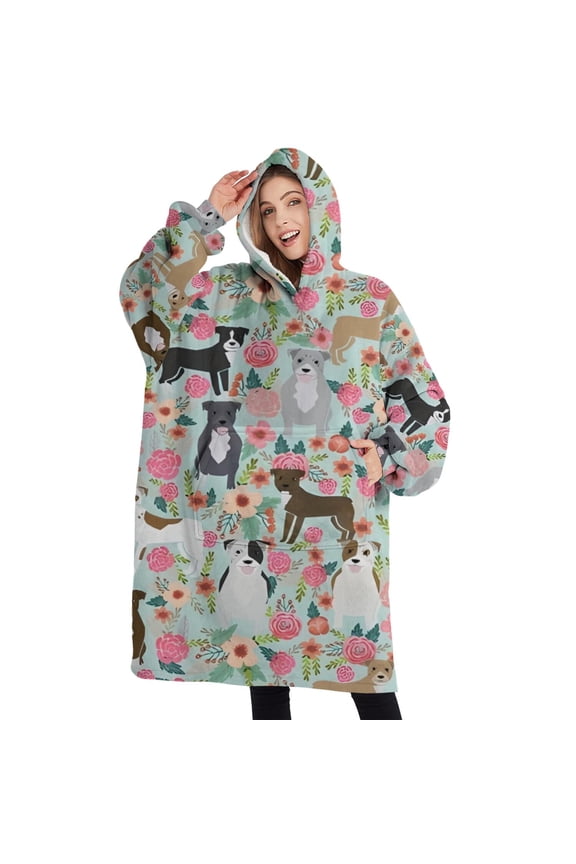 Oversized Wearable Blanket Hoodie,Cute Pitbull Terriers Dog and Flower Sherpa Blanket Hoodie with Super Pockets,Super Warm Fuzzy Pullover for Women & Men