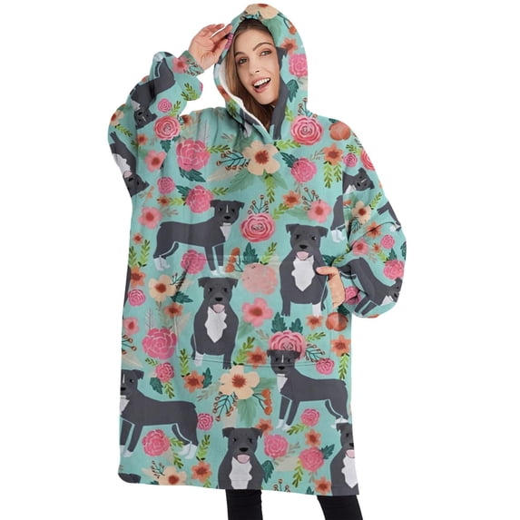 Oversized Wearable Blanket Hoodie,Cute Pitbull Terriers Dog and Flowers Sherpa Blanket Hoodie with Super Pockets,Super Warm Fuzzy Pullover for Women & Men