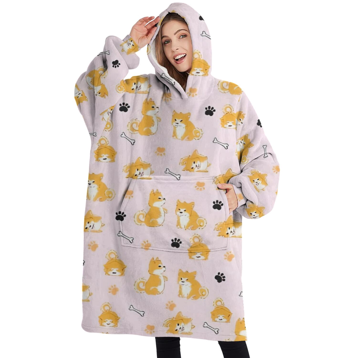 Oversized Wearable Blanket Hoodie,Cute Shiba Inu Sherpa Blanket Hoodie with Super Pockets,Super Warm Fuzzy Pullover for Women & Men
