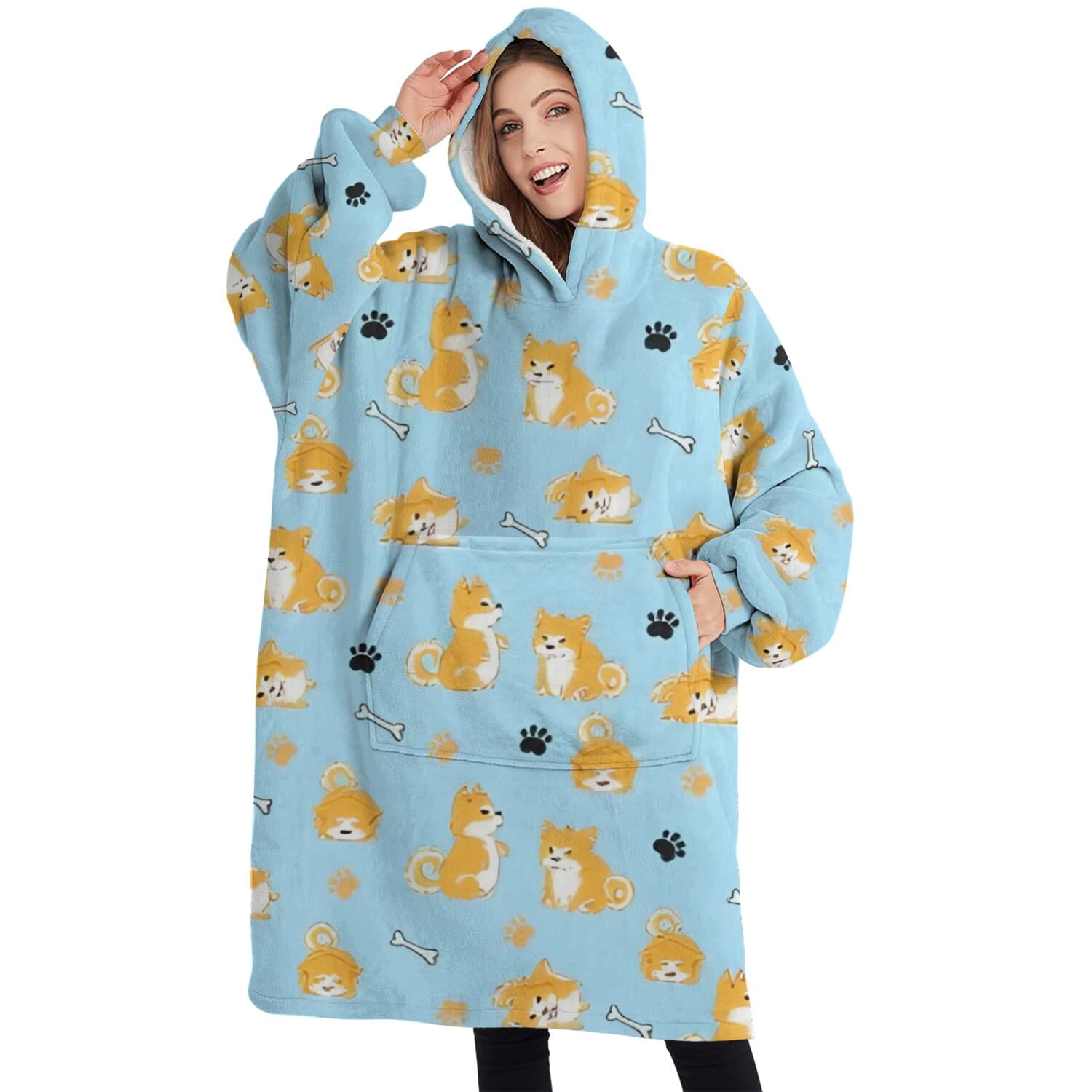 Oversized Wearable Blanket Hoodie,Cute Shiba Inu Sherpa Blanket Hoodie with Super Pockets,Super Warm Fuzzy Pullover for Women & Men