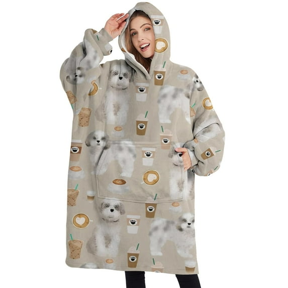 Oversized Wearable Blanket Hoodie,Cute Shih Tzu Dog and Coffee Pattern Sherpa Blanket Hoodie with Super Pockets,Super Warm Fuzzy Pullover for Women & Men