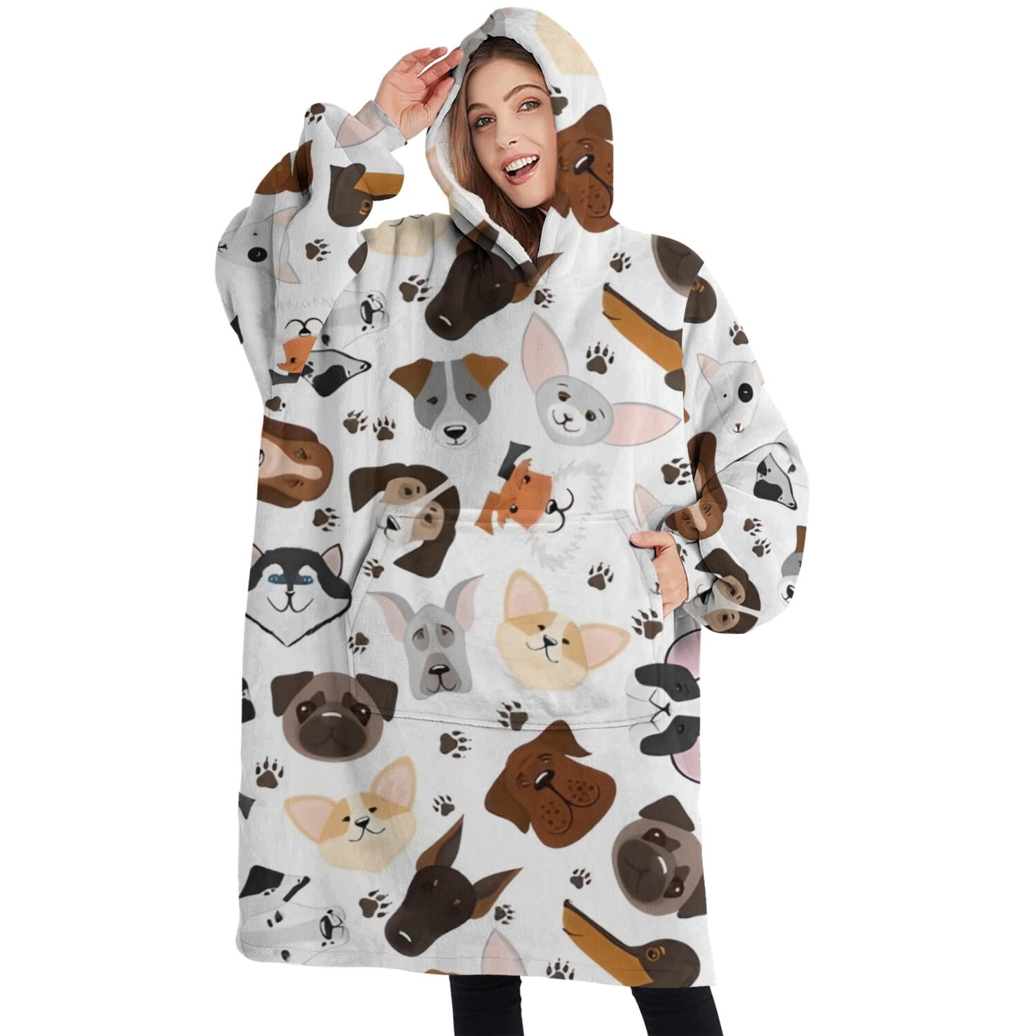 Oversized Wearable Blanket Hoodie,Dachshund Dog Boston Terrier Dog Sherpa Blanket Hoodie with Super Pockets,Super Warm Fuzzy Pullover for Women & Men