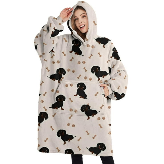 Oversized Wearable Blanket Hoodie,Dachshund Dog Sherpa Blanket Hoodie with Super Pockets,Super Warm Fuzzy Pullover for Women & Men