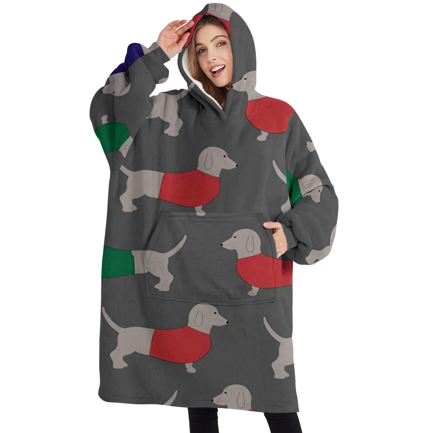 Oversized Wearable Blanket Hoodie,Dachshund Footprint Sherpa Blanket Hoodie with Super Pockets,Super Warm Fuzzy Pullover for Women & Men
