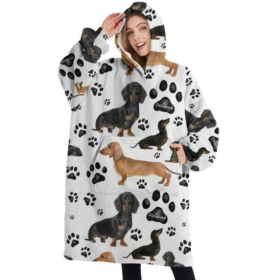 Oversized Wearable Blanket Hoodie,Dachshund Footprint Sherpa Blanket Hoodie with Super Pockets,Super Warm Fuzzy Pullover for Women & Men