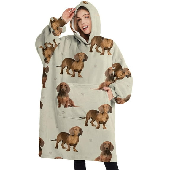 Oversized Wearable Blanket Hoodie,Dachshund Footprint Sherpa Blanket Hoodie with Super Pockets,Super Warm Fuzzy Pullover for Women & Men