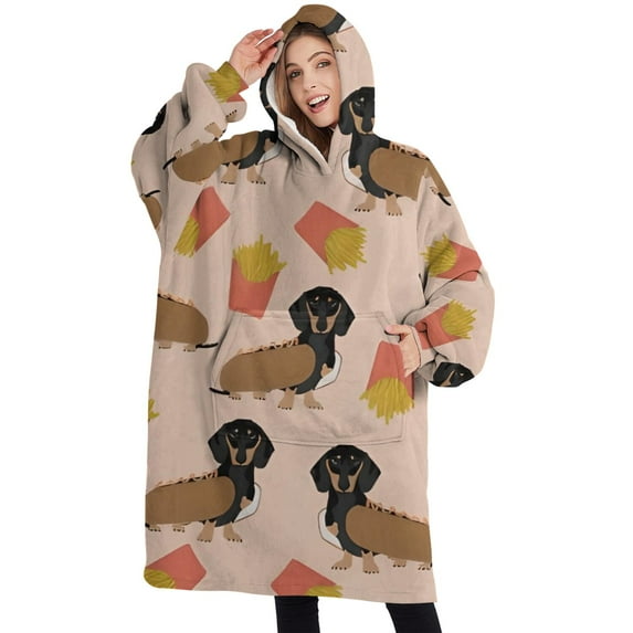 Oversized Wearable Blanket Hoodie,Dachshund Hotdog Fries Sherpa Blanket Hoodie with Super Pockets,Super Warm Fuzzy Pullover for Women & Men