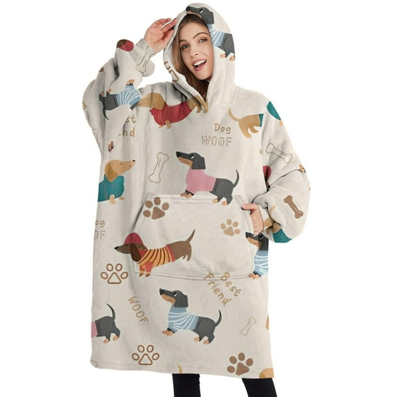 Oversized Wearable Blanket Hoodie,Dachshund Sherpa Blanket Hoodie with Super Pockets,Super Warm Fuzzy Pullover for Women & Men