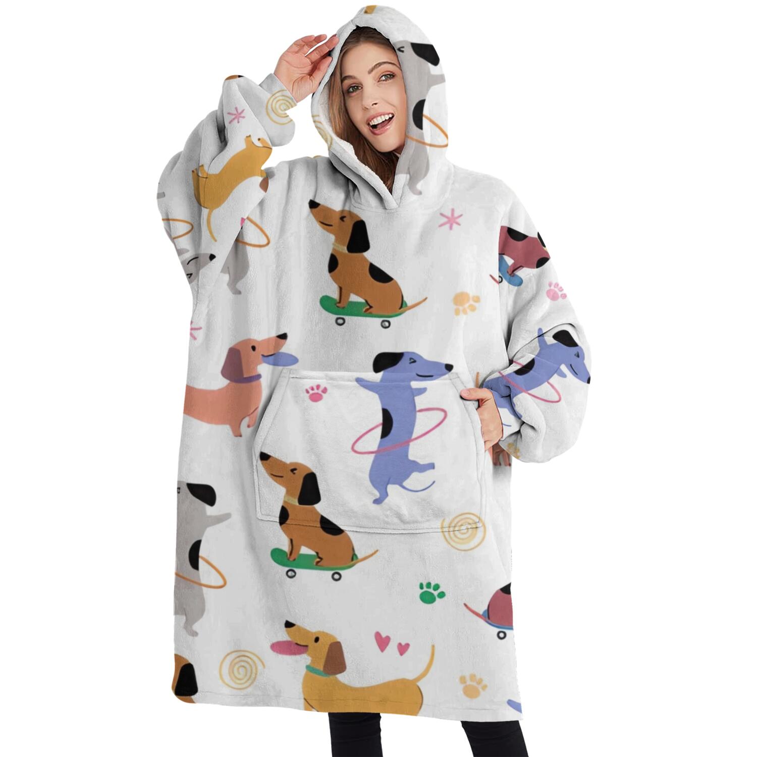 Oversized Wearable Blanket Hoodie,Dachshund Sport Sherpa Blanket Hoodie with Super Pockets,Super Warm Fuzzy Pullover for Women & Men
