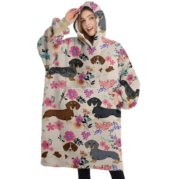 Oversized Wearable Blanket Hoodie,Dachshund and Flower Sherpa Blanket Hoodie with Super Pockets,Super Warm Fuzzy Pullover for Women & Men