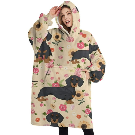 Oversized Wearable Blanket Hoodie,Dachshund and Flower Sherpa Blanket Hoodie with Super Pockets,Super Warm Fuzzy Pullover for Women & Men