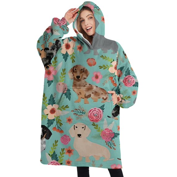 Oversized Wearable Blanket Hoodie,Dachshund and Flower Sherpa Blanket Hoodie with Super Pockets,Super Warm Fuzzy Pullover for Women & Men