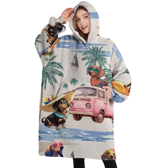 Oversized Wearable Blanket Hoodie,Dachshunds Tropical Beach Sherpa Blanket Hoodie with Super Pockets,Super Warm Fuzzy Pullover for Women & Men