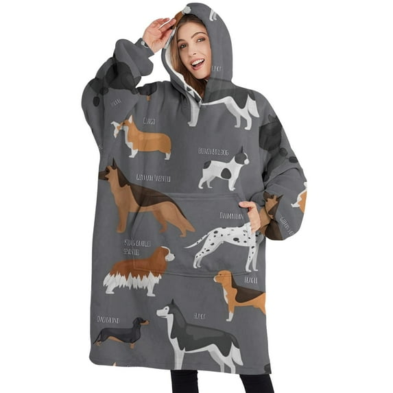 Oversized Wearable Blanket Hoodie,Dalmatian Corgi Bulldog Sherpa Blanket Hoodie with Super Pockets,Super Warm Fuzzy Pullover for Women & Men