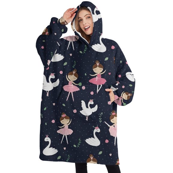 Oversized Wearable Blanket Hoodie,Dark Blue Ballerina Princess Pattern Sherpa Blanket Hoodie with Super Pockets,Super Warm Fuzzy Pullover for Women & Men