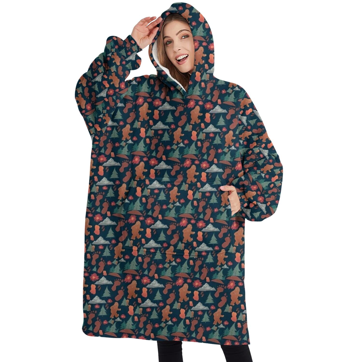 Oversized Wearable Blanket Hoodie,Dark Blue Bigfoot and Tree Pattern Sherpa Blanket Hoodie with Super Pockets,Super Warm Fuzzy Pullover for Women & Men