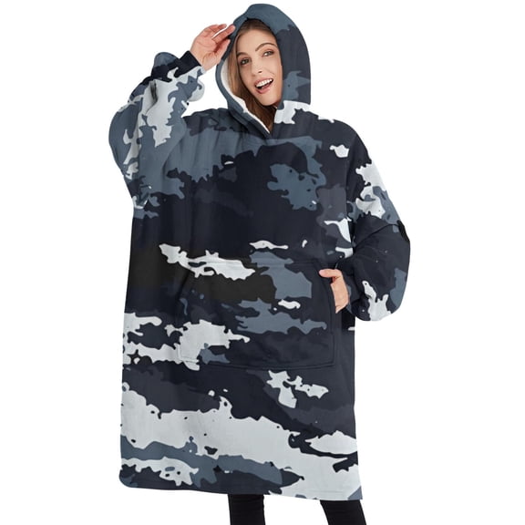 Oversized Wearable Blanket Hoodie,Dark Blue Camo Irregular Pattern Sherpa Blanket Hoodie with Super Pockets,Super Warm Fuzzy Pullover for Women & Men