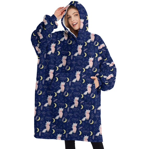 Oversized Wearable Blanket Hoodie,Dark Blue Cartoon Cat Unicorn Pattern (2) Sherpa Blanket Hoodie with Super Pockets,Super Warm Fuzzy Pullover for Women & Men