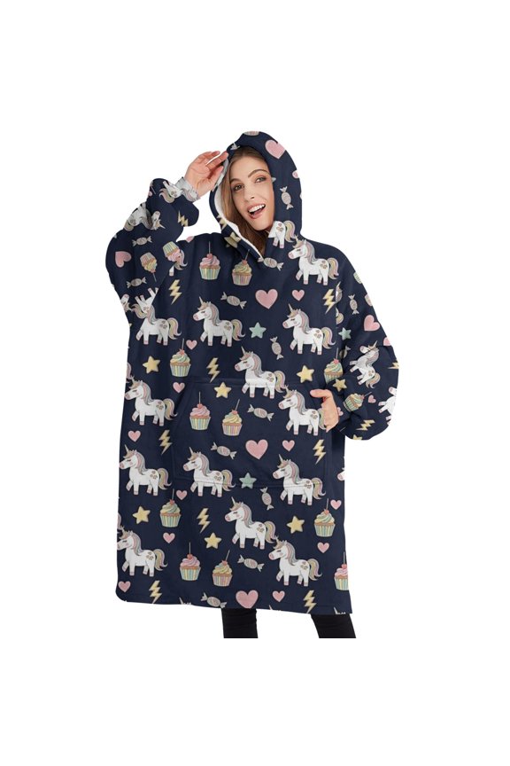 Oversized Wearable Blanket Hoodie,Dark Blue Cartoon Unicorn Dessert Heart Star Sherpa Blanket Hoodie with Super Pockets,Super Warm Fuzzy Pullover for Women & Men
