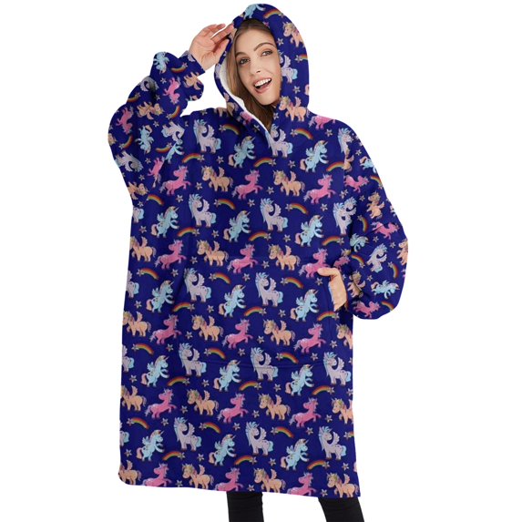 Oversized Wearable Blanket Hoodie,Dark Blue Cartoon Unicorn Rainbow Pattern Sherpa Blanket Hoodie with Super Pockets,Super Warm Fuzzy Pullover for Women & Men