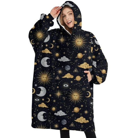 Oversized Wearable Blanket Hoodie,Dark Blue Celestial Pattern Sherpa Blanket Hoodie with Super Pockets,Super Warm Fuzzy Pullover for Women & Men