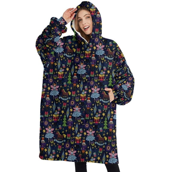 Oversized Wearable Blanket Hoodie,Dark Blue Christmas Nutcracker Pattern Sherpa Blanket Hoodie with Super Pockets,Super Warm Fuzzy Pullover for Women & Men
