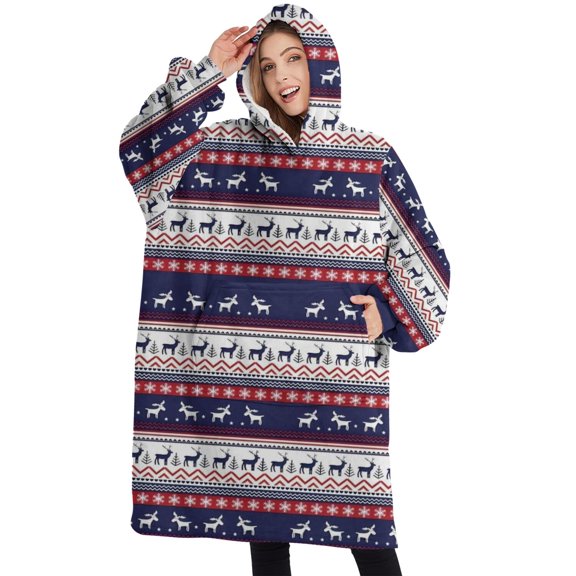 Oversized Wearable Blanket Hoodie,Dark Blue Christmas Reindeer and Donkey Pattern Sherpa Blanket Hoodie with Super Pockets,Super Warm Fuzzy Pullover for Women & Men