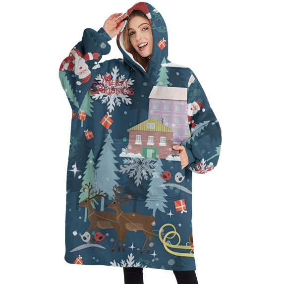 Oversized Wearable Blanket Hoodie,Dark Blue Christmas Santa Pattern Sherpa Blanket Hoodie with Super Pockets,Super Warm Fuzzy Pullover for Women & Men