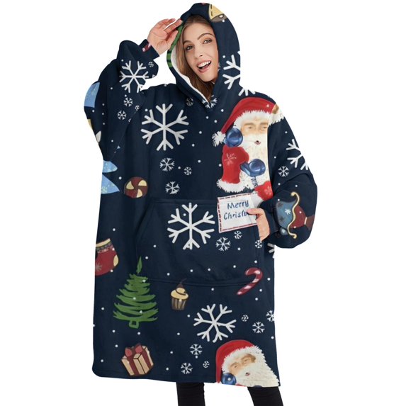 Oversized Wearable Blanket Hoodie,Dark Blue Christmas Santa Pattern Sherpa Blanket Hoodie with Super Pockets,Super Warm Fuzzy Pullover for Women & Men