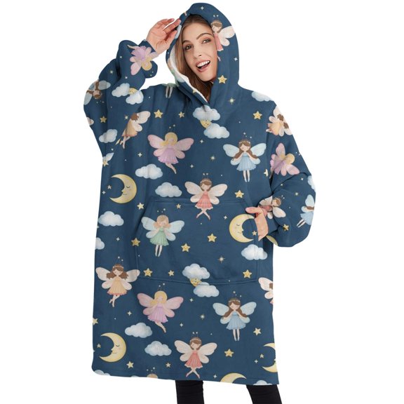 Oversized Wearable Blanket Hoodie,Dark Blue Fairy Moon Princess Pattern Sherpa Blanket Hoodie with Super Pockets,Super Warm Fuzzy Pullover for Women & Men