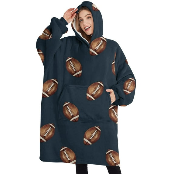 Oversized Wearable Blanket Hoodie,Dark Blue Football Repeat Pattern Sherpa Blanket Hoodie with Super Pockets,Super Warm Fuzzy Pullover for Women & Men